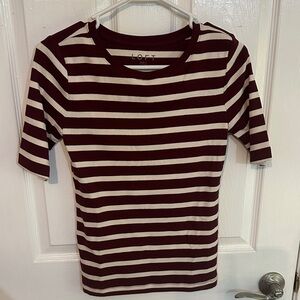LOFT Burgundy and Cream Striped Short Sleeve Tee
